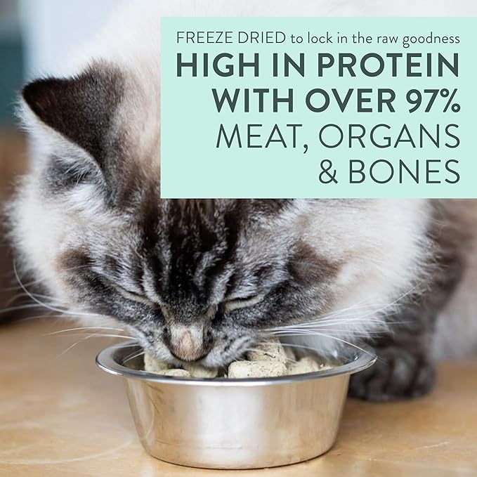 Meow Chicken & King Salmon Freeze Dried Raw Cat Food, Mixer, or Topper, or Treat - High Protein, Natural, Limited Ingredient Recipe 9.9 oz