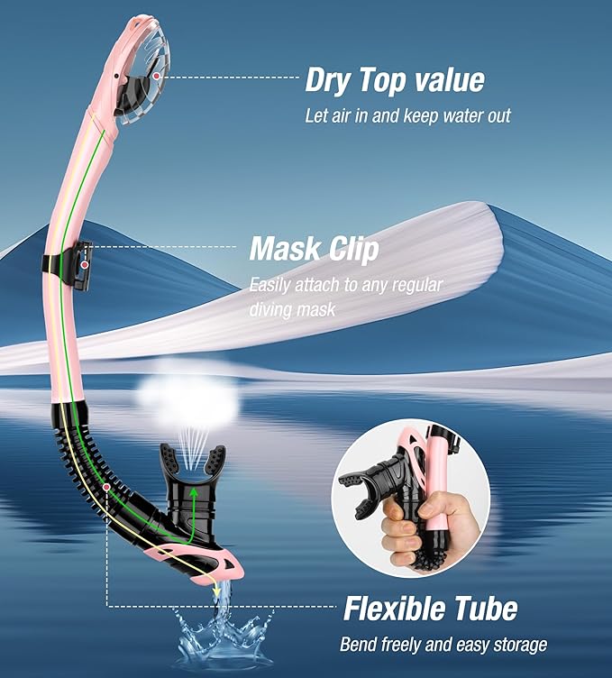 Aegend Dry Snorkel, Dive Mask Easy-Breath Free Diving Snorkel for Snorkeling Scuba Diving Freediving Swimming, with Top Dry Valve and Food-Grade Silicone Mouthpiece