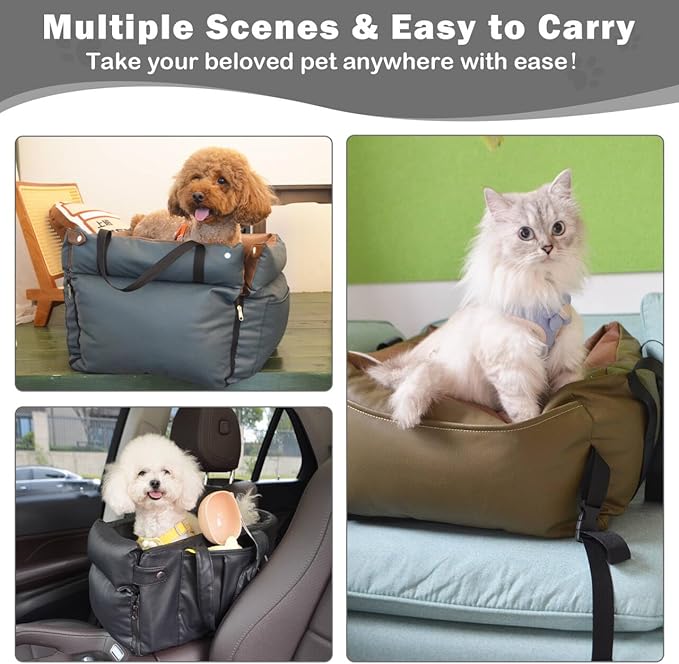 Dog Car Seat for Small Dogs, Large Leather Dog Car Bed with Storage Pocket, Waterproof PVC Leather Booster Seat Travel Bed for Front & Back Seat, Clip-On Safety Leash (Black/Brown)