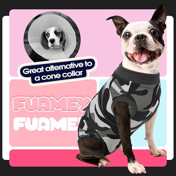 FUAMEY Dog Recovery Suit Male,Dogs Surgery Neuter Suits Puppy Spay Shirts for Female Protect Dog's Skin Anti Licking Abdominal Wounds Doggie Onesie Pet Bodysuit Alternative to Cone Grey Camouflage S