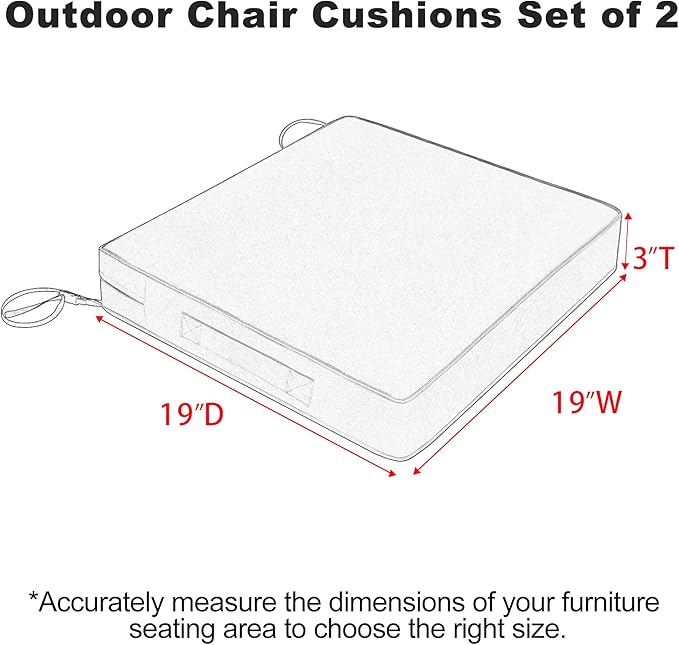 Favoyard Patio Chair Cushions 19 x 19 x 3 Inch Waterproof Outdoor Seat Cushions for Patio Furniture 3-Year Color Fastness Garden Sofa Couch Chair Pads with Handle & Adjustable Straps Set of 2, Grey