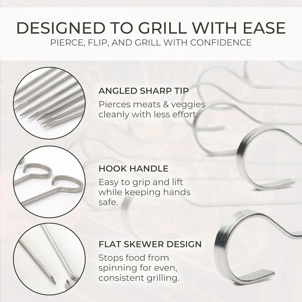 O-Yaki Flat Metal Kabob Skewer for Grilling – Set of 8 BBQ Skewers Stainless Steel with Storage Bag, Dishwasher Safe Skewers with Hook Handle & Sharp Tip for BBQ, Cookouts & Oven Use – 12 Inch