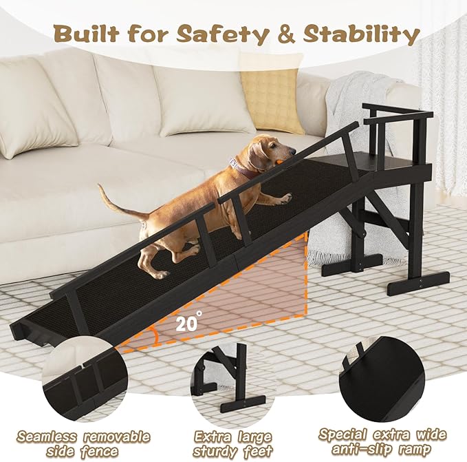 61" Dog Ramp for Bed, Pet Ramp with Removable Side Rail and Non-Slip Surface, Pet Ramp for Small & Large & Senior Dogs with Rest Platform and DIY Glow Strips,Dog Stairs for Couch,Black