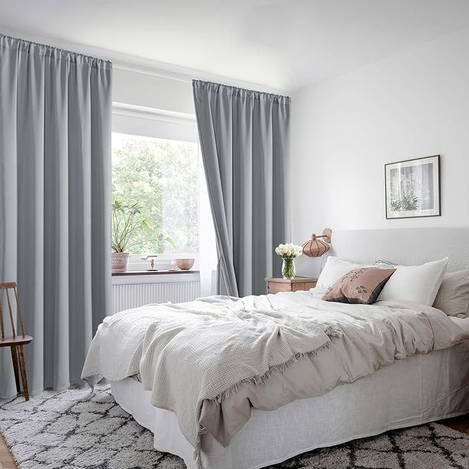 XWZO Total Blackout Curtains 54 Inches Long - Double Layer Full Room Darkening & Energy Efficiency Rod Pocket Window Panels with Tiebacks, Grey, W42 x L54, Set of 2