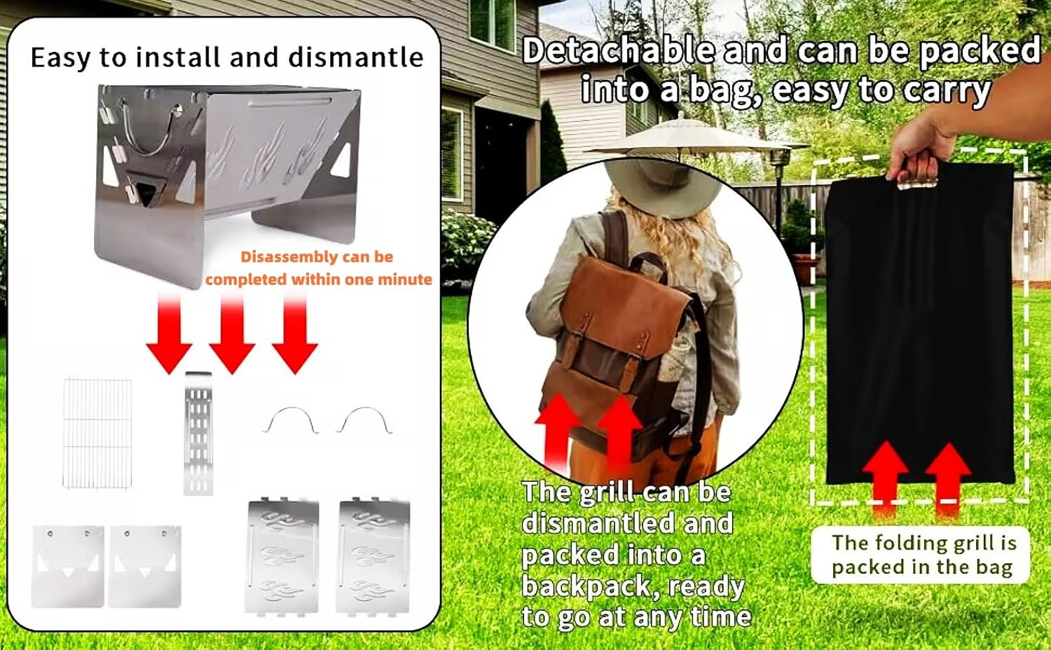 Travel-Ready BBQ Grill with Carry Bag,16.92-inch,Portable Compact Foldable Camping Grill,Easily disassembles for storage in a carrying bag,Stainless Steel Charcoal Grill, Outdoor barbecue fire pit