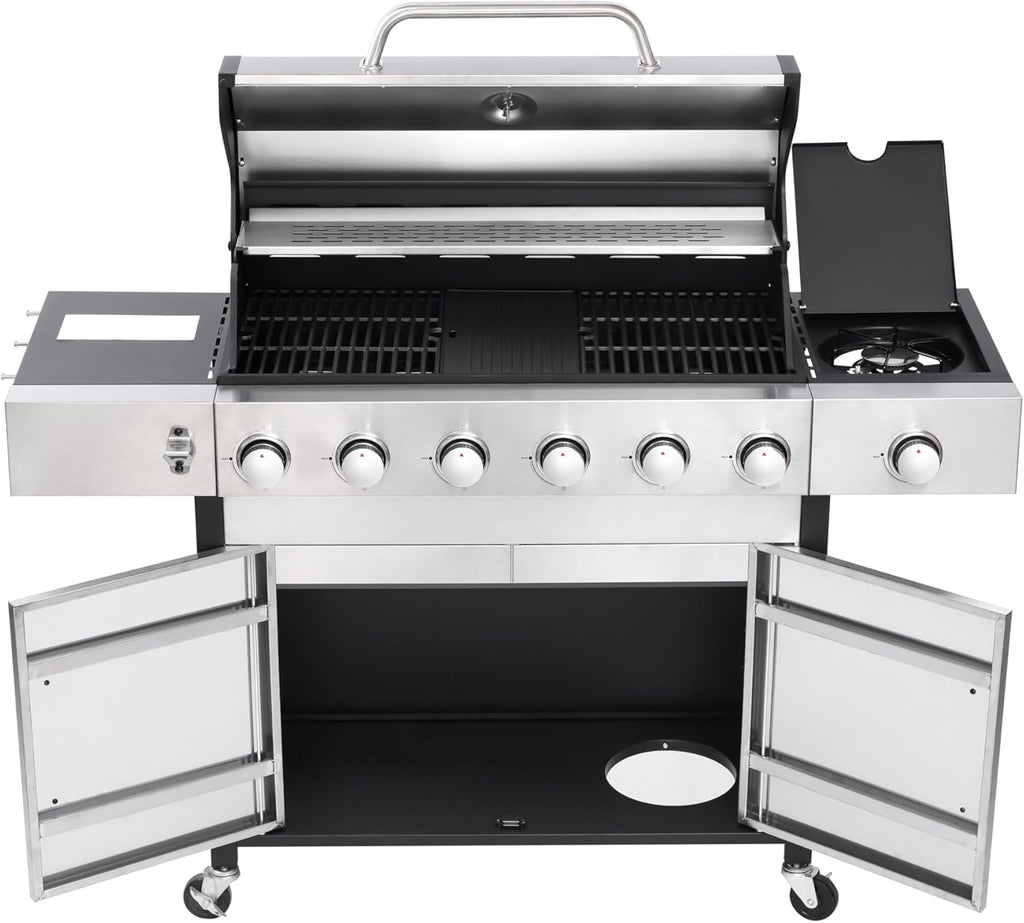 6-Burner Propane Gas BBQ Grill with Side Burner, 57,300 BTU Output, Enameled Cast Iron Grates, Heavy-Duty Stainless Steel Outdoor Grill for Backyard Barbecue