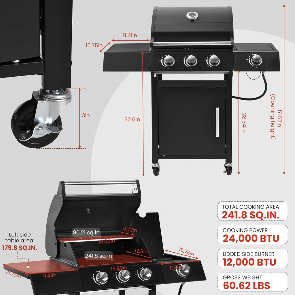 Q042-3-Burner w/Side Burner Gas Grill with 241 SQ.IN. Outdoor Grill with 36,000 BTU,Propane Grills with Top Cover Lid,Grills Outdoor Cooking for Patios,Balcony,Camping,Garden