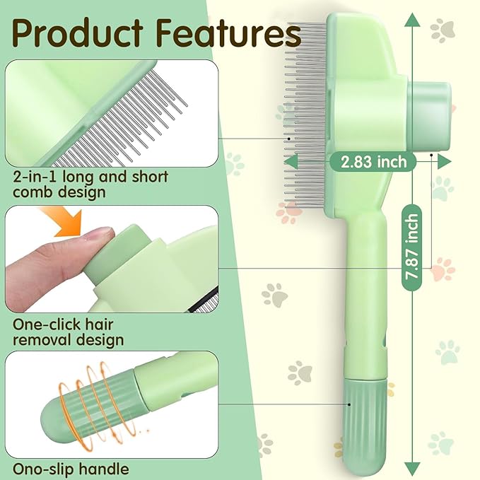 Pet Hair Removal Comb Flea Comb, New Cat Brush with Release Button Pet Hair Grooming Brush Supplies (YELLOW)