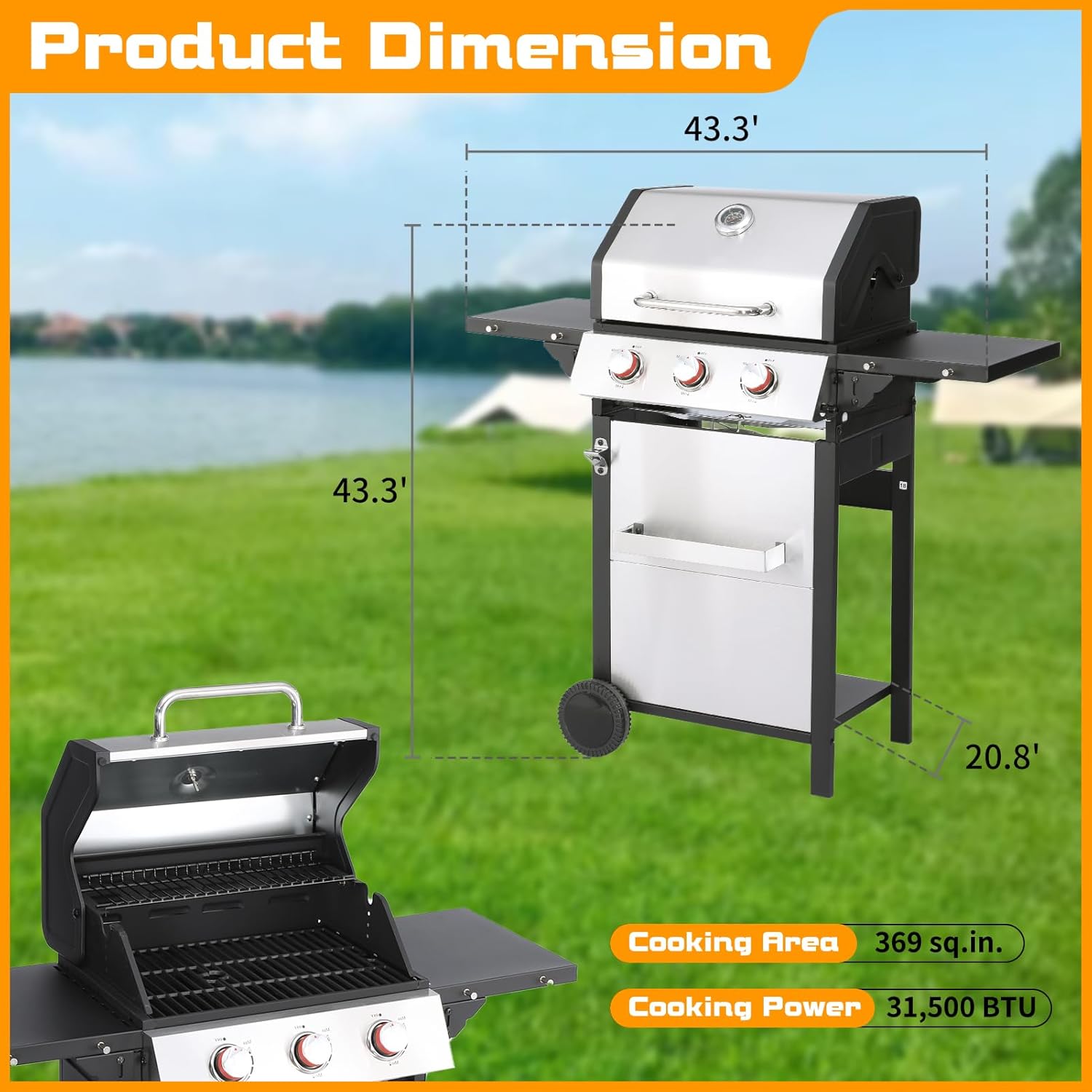 CIG GARDEN 3-Burner Propane Gas Grill,Outdoor Barbecue Grill with 2 Foldable Side Tables,Double-layer Stainless Steel Grill Lid with Cast Iron Grates,31500 BTU Output Perfect for Camping,BBQ Grill