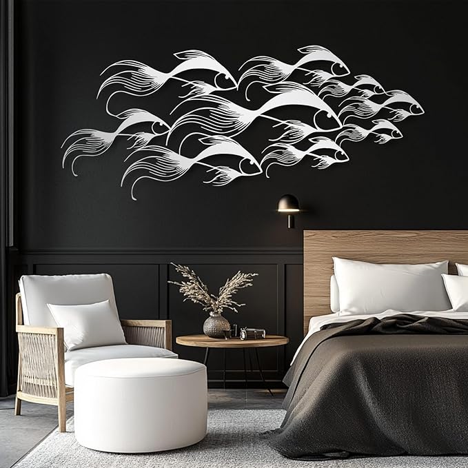 School of Fish Metal Wall Art, Metal Fish Wall Decor, Sea Life Wall Art, Large Nautical Wall Hanging, Modern Beach House Wall Decor, Ocean Themed Artwork for Bathroom (Silver, 48"x20" | 121x51cm)