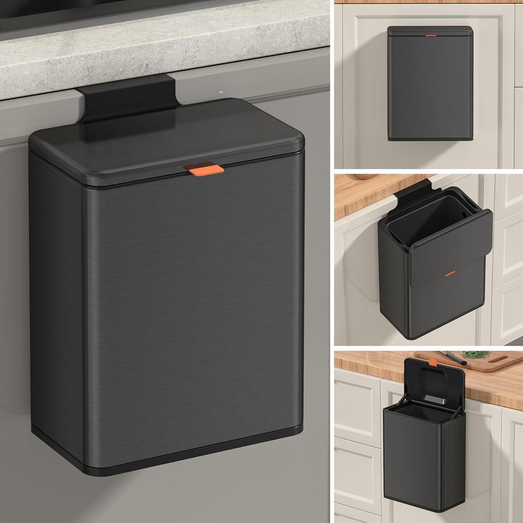 Mbillion Kitchen Compost Bin Hanging Trash Can with Lid 2.1 Gallon Stainless Steel Garbage Can for Kitchen Cabinet Door Mounted Trash Can Under Sink Door RV Bathroom,Brushed Black