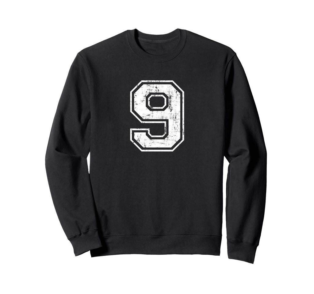 Number 9 Nine Distressed Sports Sweatshirt - Trendy Graphic for Adults