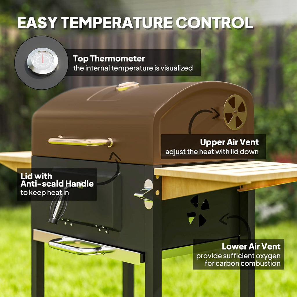 Outsunny Charcoal BBQ Grill with 245 sq. in. Cooking Area, Outdoor Barbecue Grill with Adjustable Charcoal Pan, 3 Shelves, Thermometer, Wheels for Patio, Backyard, Party, Picnic, Black