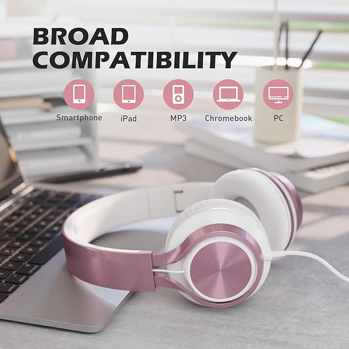 AILIHEN C8 Girls Headphones, On-Ear Headphones Wired with Microphone and Volume Control Foldable Corded Stereo 3.5mm Headset for Girls School Chromebook Laptop Computer PC Tablets Travel (Rose Gold)