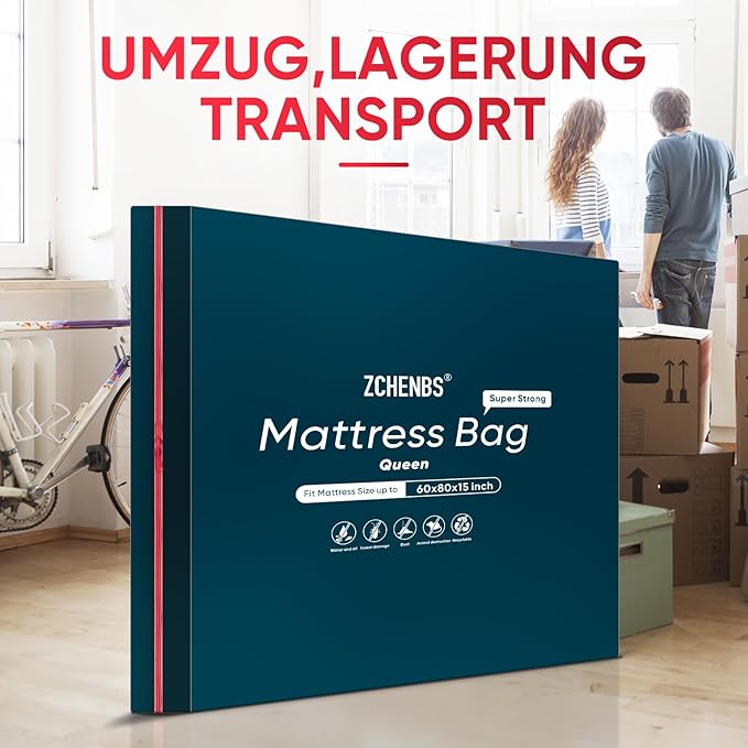 ZCHENBS® – Mattress Bags for Moving and Storage,Mattress Bag with Zippers,5 Mil Ultra-Thick Bed Bag,Waterproof,Anti-Tear,Heavy-Duty Mattress bag (Black, Queen-(2 Pack))