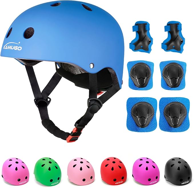KAMUGO Kids Adjustable Helmet, with Sports Protective Gear Set Knee Elbow Wrist Pads for Toddler Age 2-8 Boys Girls, Bike Skateboard Hoverboard Scooter Rollerblading Helmet Set