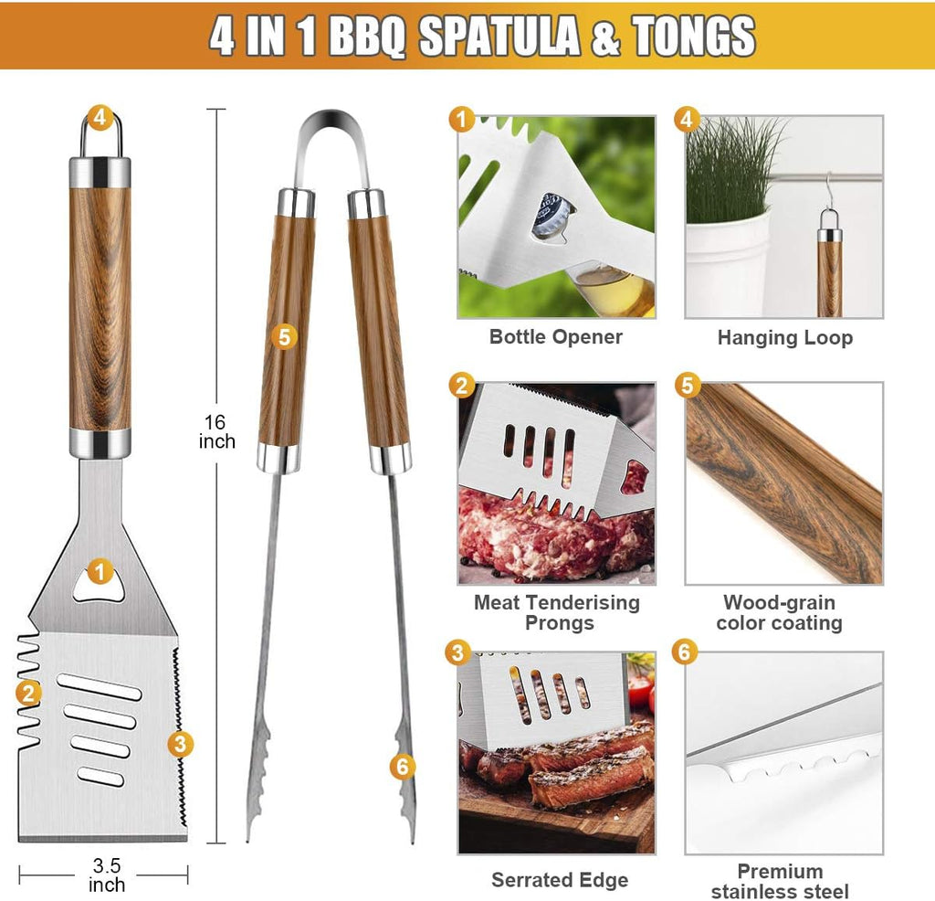 BBQ Grill Accessories Set, 38Pcs Stainless Steel Grill Tools Grilling Accessories with Aluminum Case, Thermometer, Grill Mats for Camping/Backyard Barbecue, Grill Set for Men Women