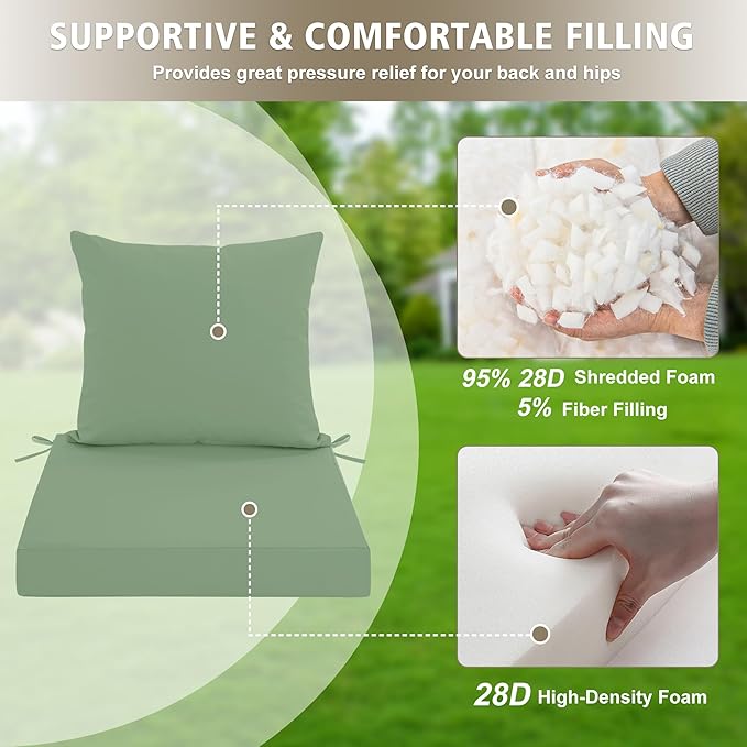 Outdoor Cushions for Patio Furniture, Waterproof Outdoor Chair Cushion w/Fade-Resistant, Removable & Machine-Washable Cover, 22x22 Inch, Deep Seat Sofa/Couch Pads Replacement – Set of 2, Sage Green