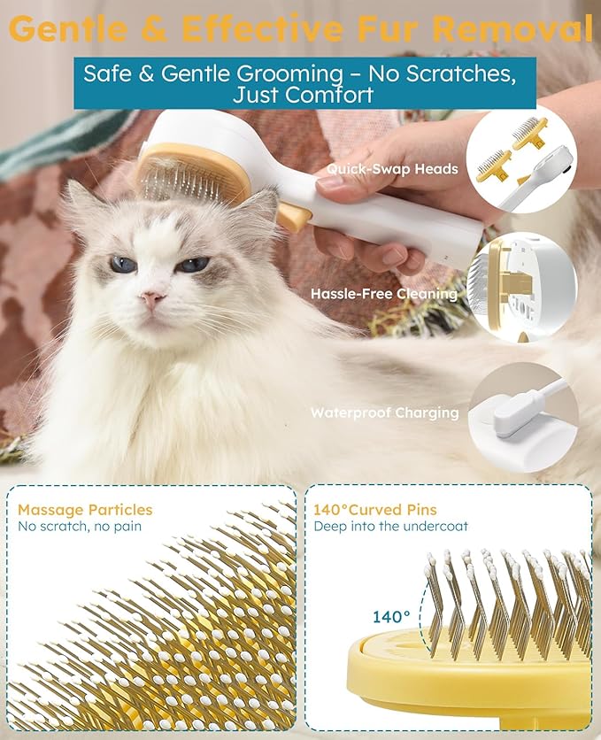FURGO 3-in-1 Pet Steam Brush for Dogs & Cats – Reduces Static, Replaceable Heads, One-Touch Hair Ejection, Dog Spray Brush for Shedding Control(Long&Short)