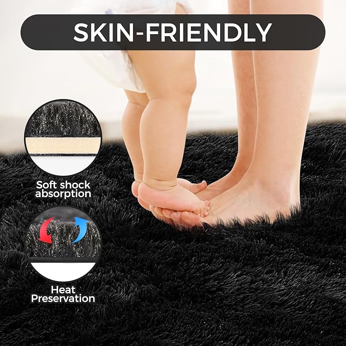 Ultra Soft Rug for Living Room, 8X10 Fluffy Shag Area Rug for Bedroom, Modern Shaggy Carpets Fuzzy Rug for Teens Dorm Nursery Home Decor Aesthetic, Upgrade Anti-Skid Durable, Black