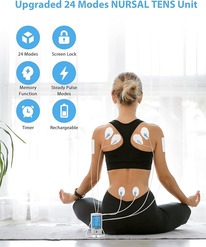 NURSAL 24 Modes TENS Unit Muscle Stimulator with Continuous Stimulation, Rechargeable Electronic Pulse Massager with 8 Pads for Back and Shoulder Pain Relief and Muscle Strength (Silver)