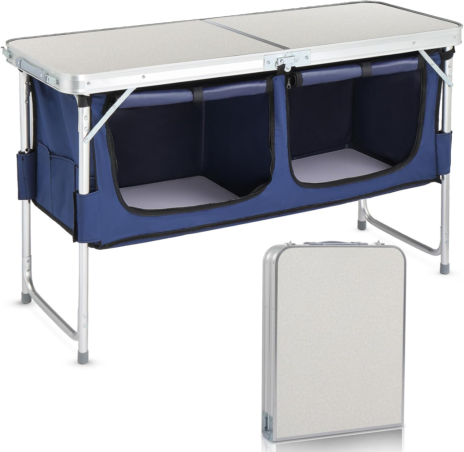 Outvita Portable Camping Table with Storage, Outdoor Aluminum Folding Camping Table with 3 Adjustable Height, Foldable Camp Tables for Backyards BBQ Party Picnic Beach Indoor, White