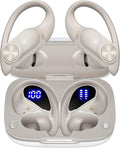PocBuds Bluetooth Headphones Wireless Earbuds 80hrs Playtime Wireless Charging Case Digital Display Sport Ear Buds with Earhook Deep Bass IPX7 Waterproof Over-Ear Earphones for Phone Laptop Beige
