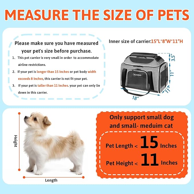 Petskd Top-Expandable Pet Carrier 18x11x11 Inches Delta American United Airline Approved, Soft-Sided Carrier for Small Cats and Dogs with Locking Safety Zippers and Anti-Scratch Mesh(Grey)