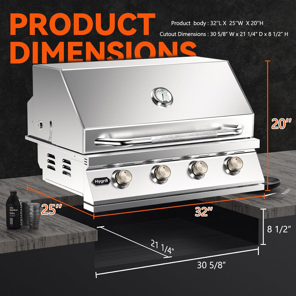 Hygrill 32-Inch Built In Grill, Stainless Steel 4-Burner Grill Head for Outdoor Kitchen, Natural Gas