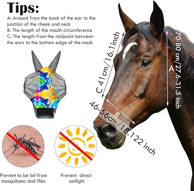 Qualirey12 Pieces Horse Fly Mask Bulk Comfortable Elasticity Mask for Horses with Ears Net UV Protection Breathable Face Covering for Pony and Foal(Medium, Tie Dye Patterns)
