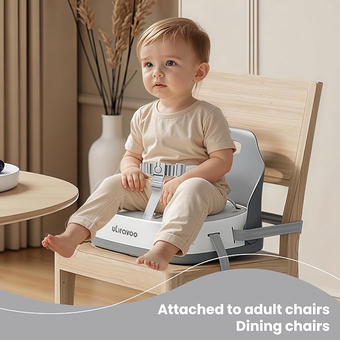 Baby Booster Seats, Toddler Booster Seat for Dining Table with Adjustable Straps, Portable Compact Portable Baby Chair for Dining and Travel (Grey)