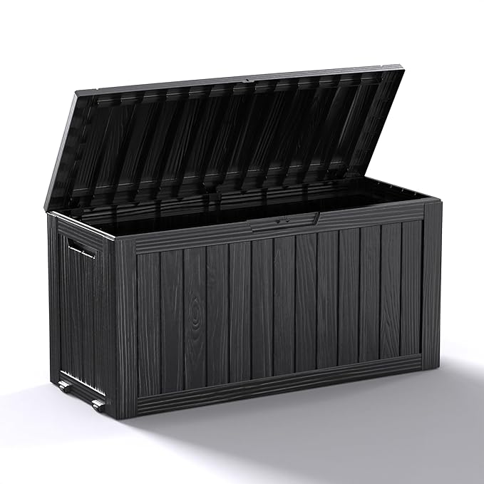 DRATO 75 Gallon Deck Box, Waterproof Resin Large Outdoor Storgae Box for Patio Furniture, Patio Cushions, Gardening Tools, Pool and Sports Supplies, Lockable