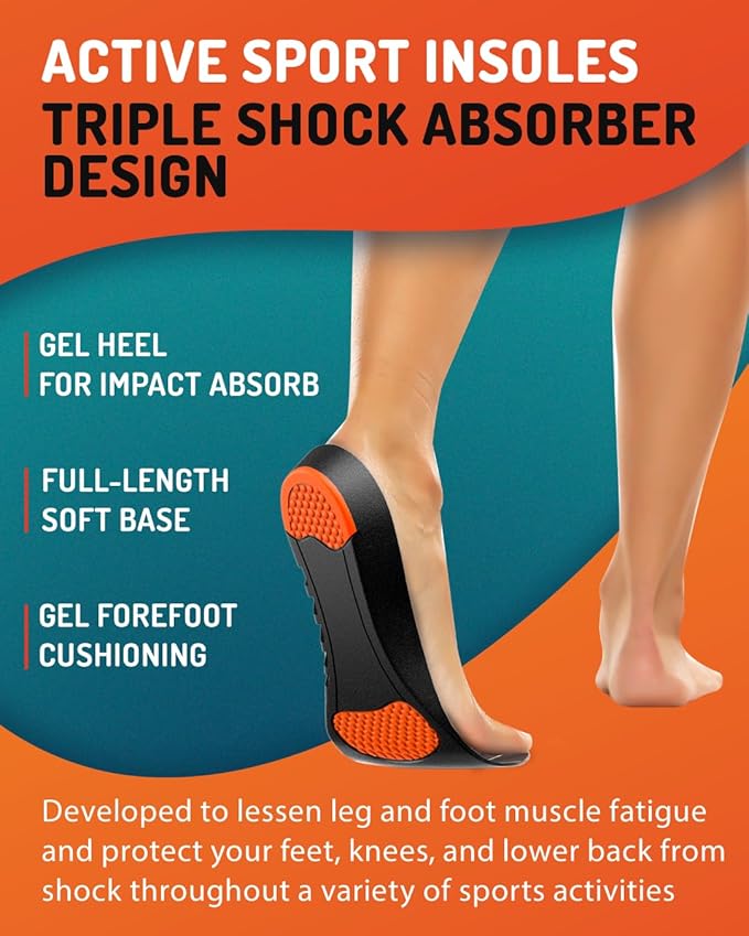 Sport Shock Absorbing Insoles - Athletic Shoe Cushioning Inserts for Men and Women - Ideal for Active Sports Running Training Hiking - Neutral Arch Good for Sneakers Shoes, M