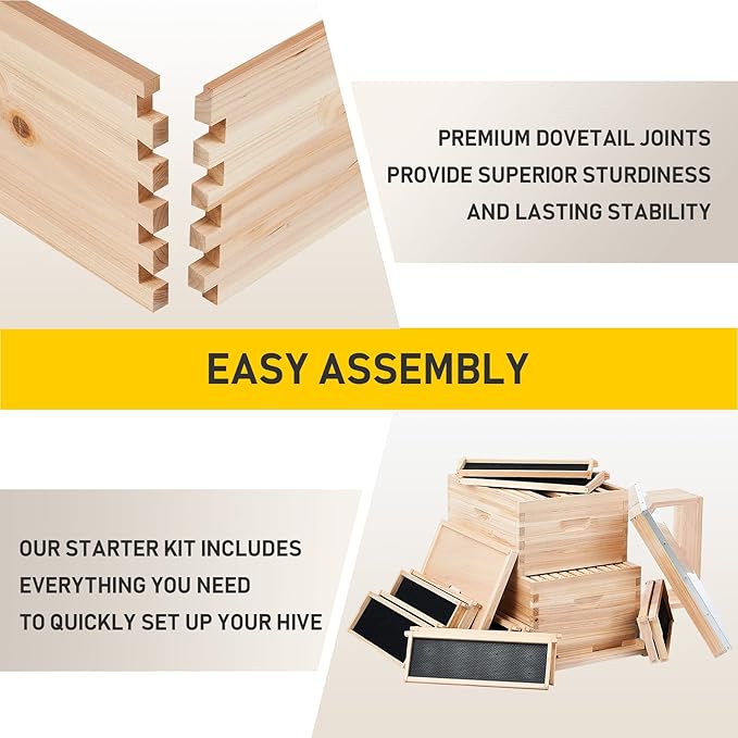 CREWORKS Bee Hive Boxes Starter Kit, 3 Layer Bee House Langstroth Beehive for Bees Keeping, Beekeeping Supplies with Plastic Queen Excluder and Nails (10 Medium and 20 Deep Frames)