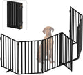 Portable Dog Fence with Door for Indoor Outdoor Use, Free Standing Dog Gate Foldable Design, Metal Black 32" Tall, Expandable 6 Panels Use for Yard, Stairs, Front