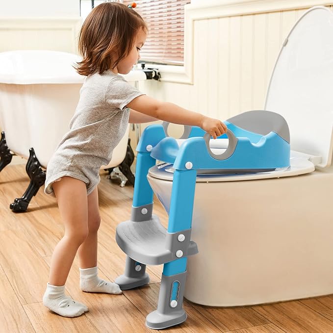 Potty Training Seat with Ladder for Toddler and Kids,Wiifo Sturdy Potty Ladder with Soft Cushion and Splash Guard for Boys and Girls,Foldable Child Toilet Training Seat(Grey Blue)