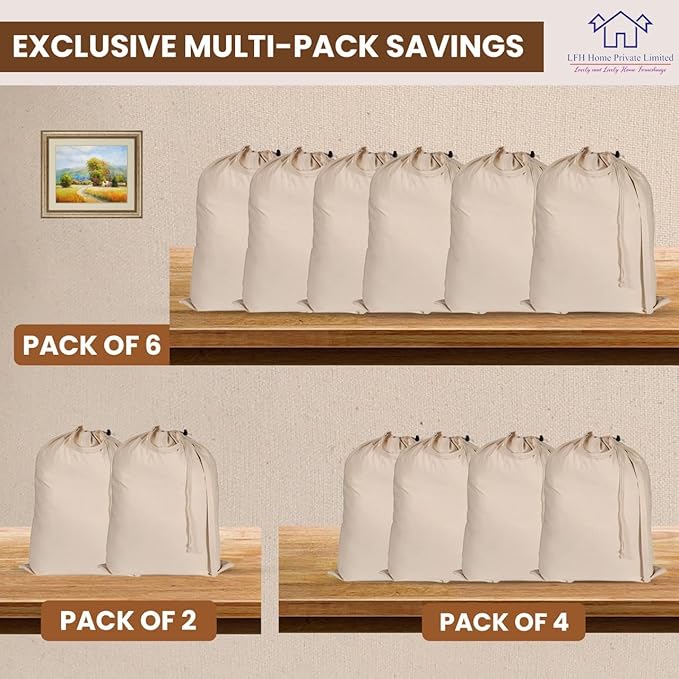 LFH Home Large Premium 100% Cotton Canvas Laundry Bag with Drawstring and Handles Heavy Duty, Multi-Use, and Washable for Home, Travel, College or Storage 24x36 (Pack of 6)-Natural