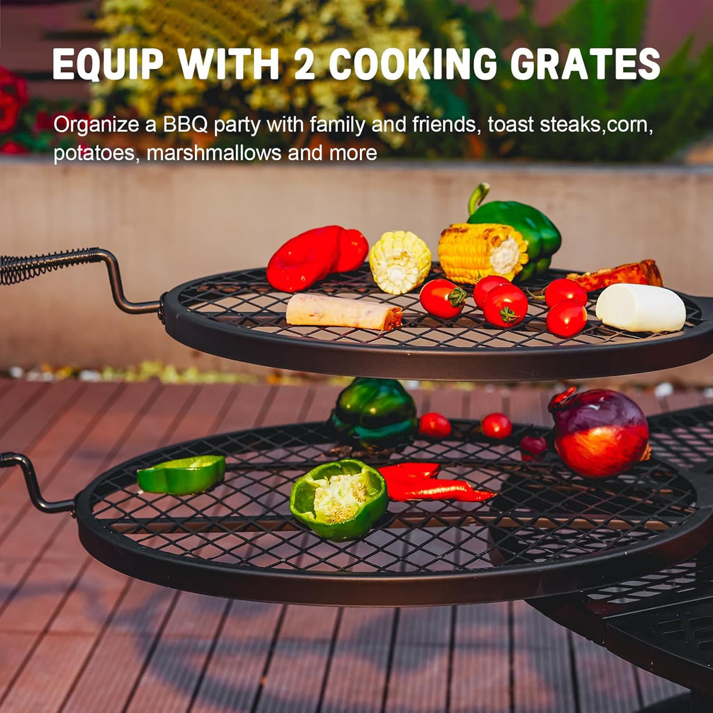 42 Inch BBQ Fire Pit with 2 Grills,3-in-1 Outdoor Round Metal Fire Pit Table with Lid,Fire Poker,Large Outdoor Wood Burning Firepits for Outside,Picnic,Bonfire Backyard Patio(Black)