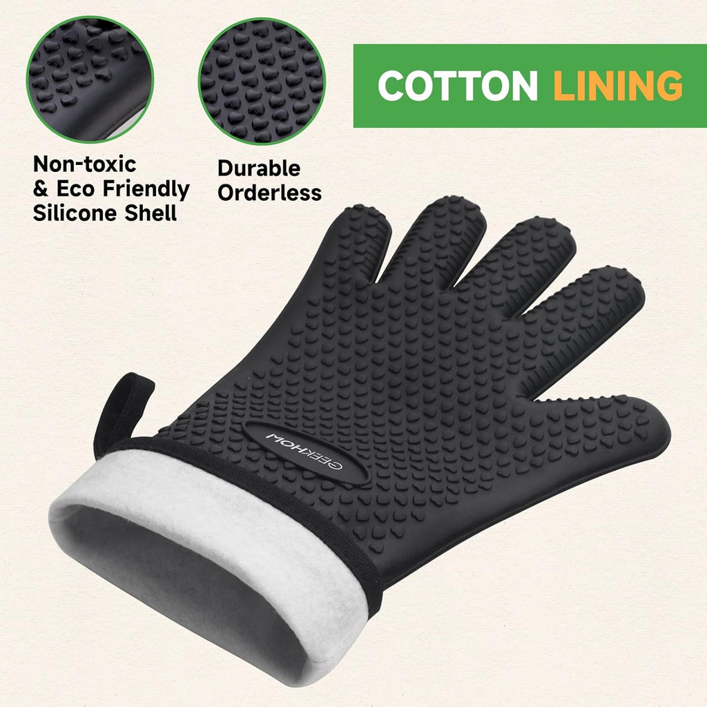 GEEKHOM BBQ Gloves, Grilling Gloves Heat Resistant Oven Gloves, Kitchen Silicone Oven Mitts, Long Waterproof Non-Slip Pot Holder for Barbecue, Cooking, Baking, Black