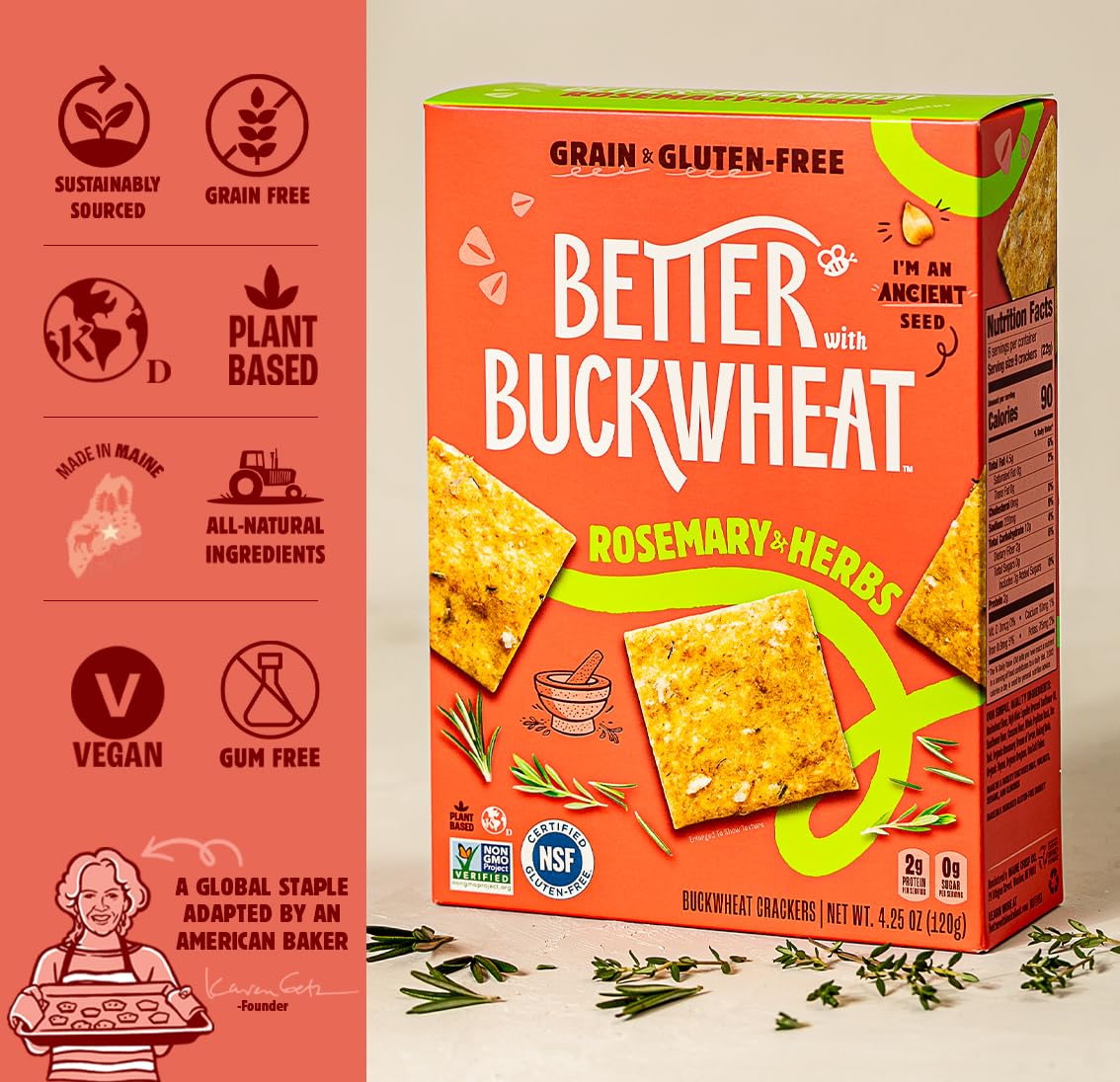 Better With Buckwheat - Rosemary Herb Crackers, 4.25 oz (Pack of 6) - Gluten-Free Snacks