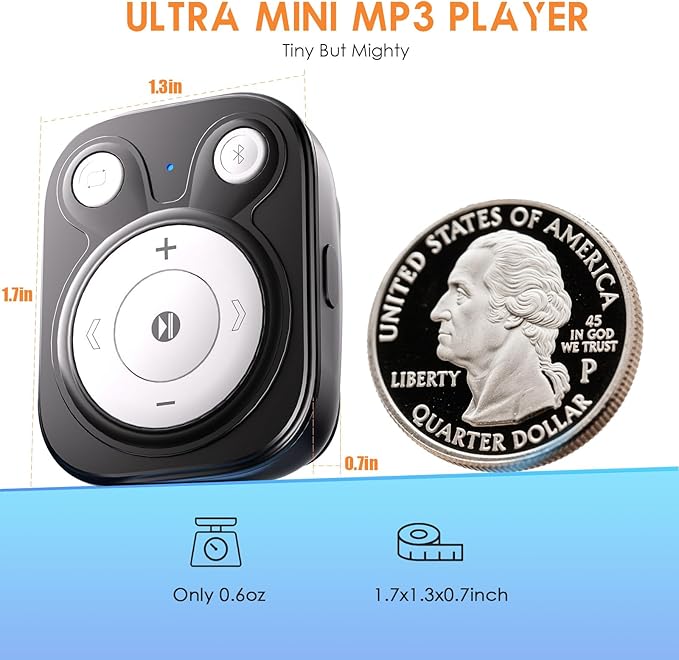 Clip MP3 Player: Bluetooth 5.3, Earphones Included, 15 Hours Battery Mini Music Player, 1000+ Songs Storage, No Phone Needed, Portable Music Players for Sports, Reading, Learning (64GB-Black)