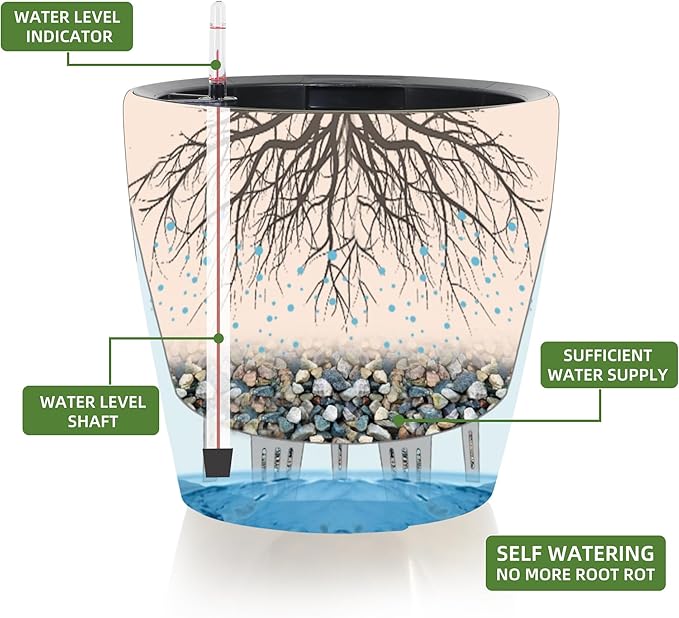 Dexceder 9x8 Inches Self Watering Planter Indoor Outdoor, Inner Pot Design, Thickened Table Flower Plant Pot with Water Level Indicator (Grey Gold Crackle)