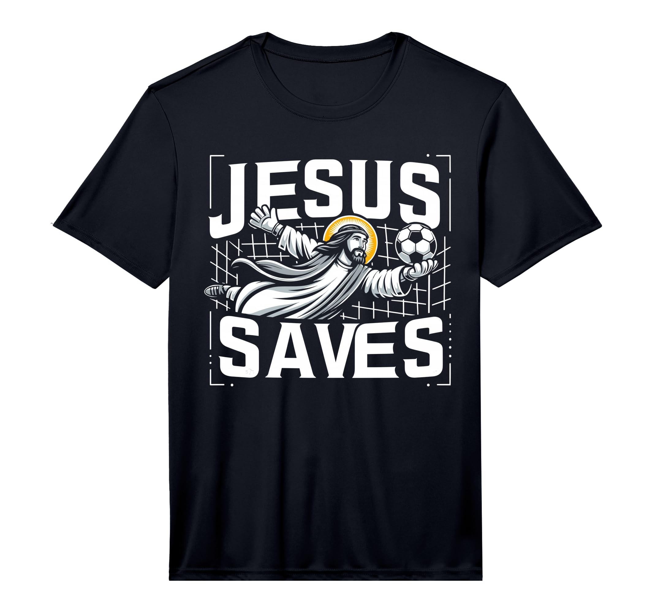 Jesus Saves Soccer Goalie Performance T-Shirt - Minimalist Print for Adults