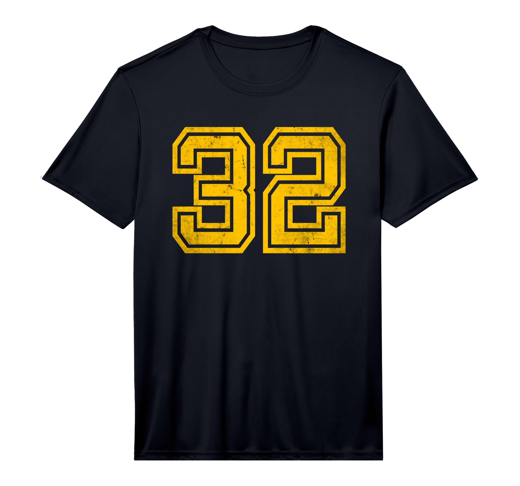 Number 32 Distressed Yellow Varsity Number T-Shirt - Trendy Graphic Unisex