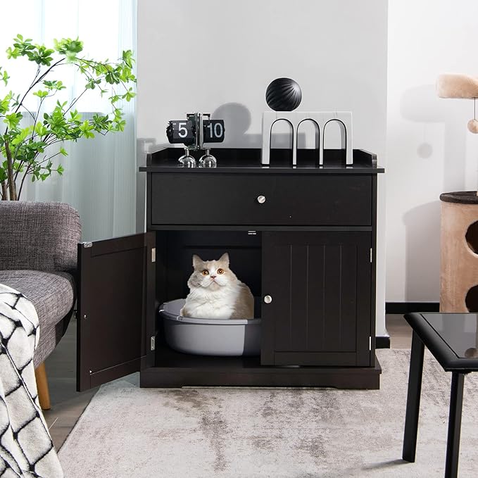 PETSITE Cat Litter Box Enclosure, Large Cat Washroom End Table with Drawer & 2 Doors, Wooden Cat House Storage Cabinet, Hidden Litter Box Furniture, Brown