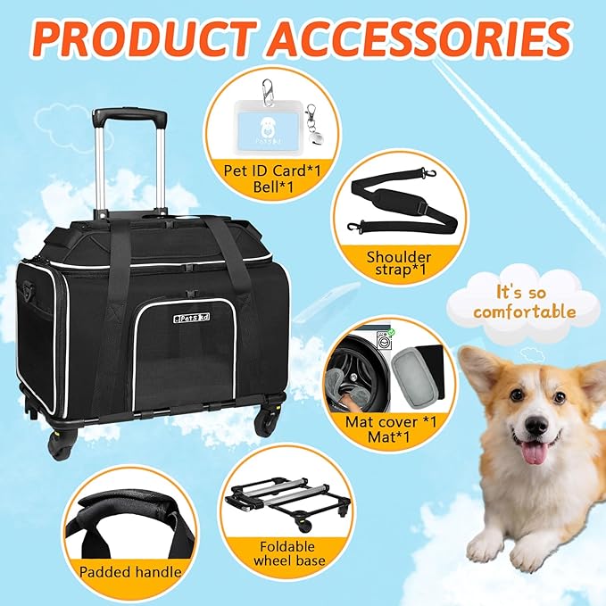 Petskd Top-Expandable Pet Carrier with Wheels 17x12x8.5 Inches JetBlue Allegiant Spirit Airline Approved, Soft-Sided Carrier for Small Cat Dog with Locking Safety Zippers and Anti-Scratch Mesh(Black)