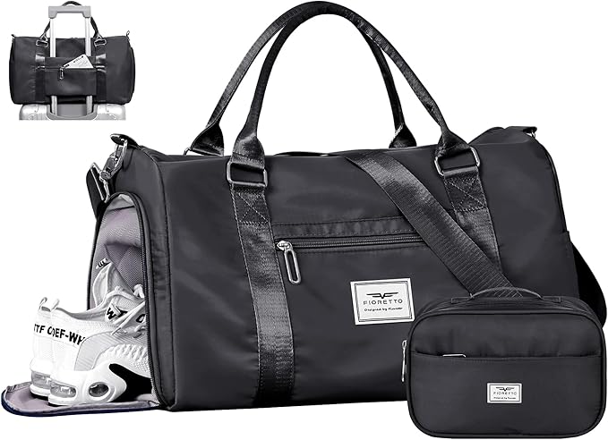 FIORETTO Womens Gym Tote Duffle Bag with Toiletry Bag, Sports Duffel Overnight Hospital Workout Carry on Bag for Girls with Wet Pocket & Shoe Compartment, Ideal for Travel, Swimming, Dance Black
