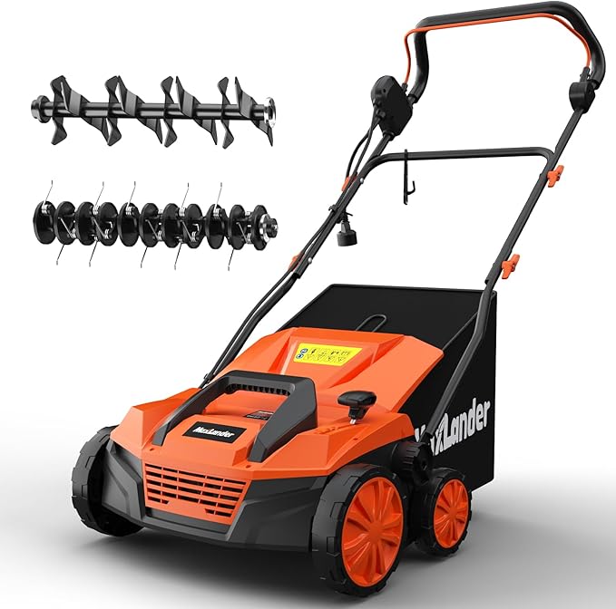 MAXLANDER 15” 13 Amp Electric Dethatcher and Scarifier, 2-in-1 Lawn Dethatcher with 5-Position Depth Adjustment, 45L Removable Collection Bag, Airboost Technology Increases Lawn Health