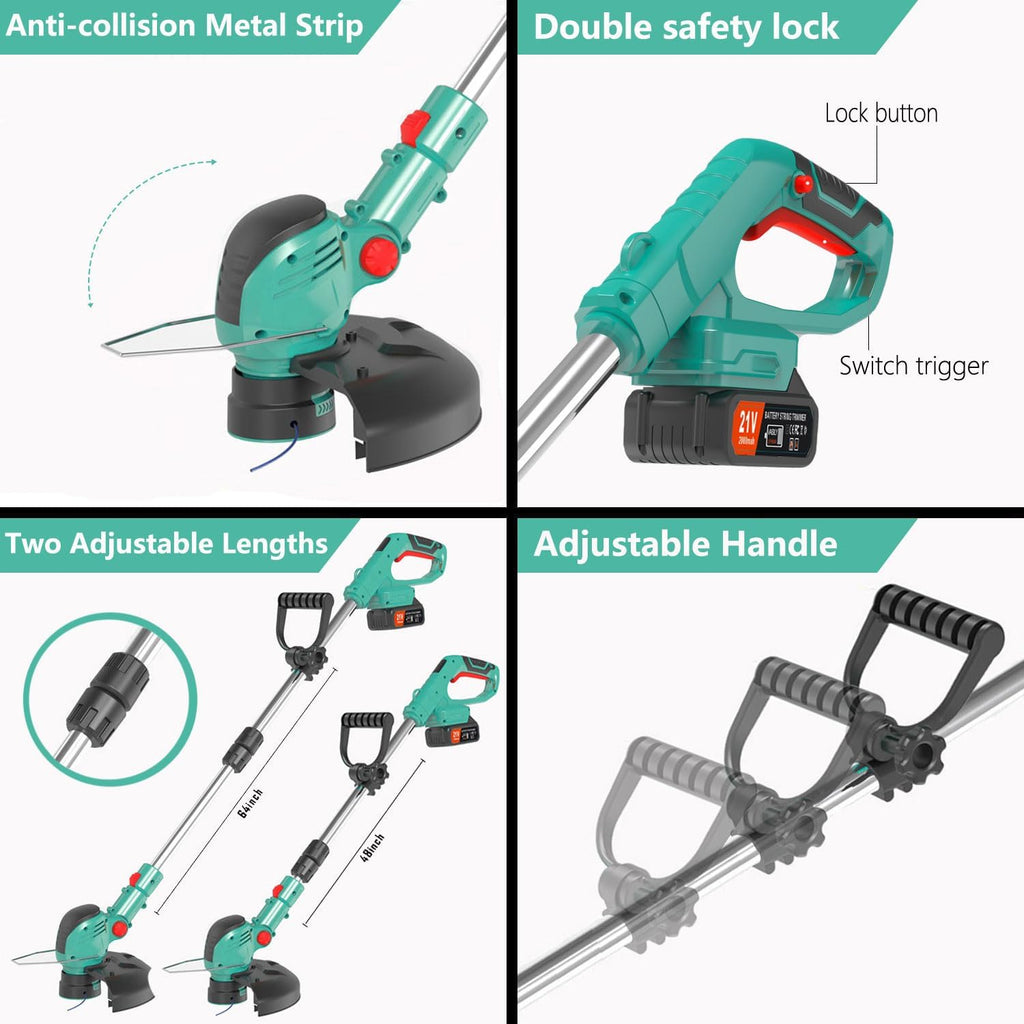 Electric Weed Wacker Cordless,21V Electric Weed Cordless Eater Battery Powered with 2 x 4.0Ah Batteries, 3-in-1 Grass Trimmer/Edger/Brush Cutter, String Trimmer, Adjustable Shaft