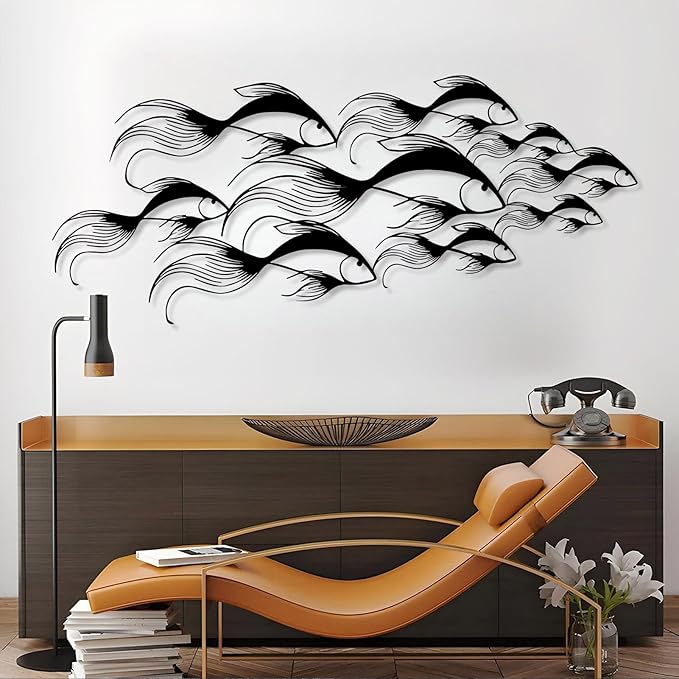 School of Fish Metal Wall Art, Metal Fish Wall Decor, Sea Life Wall Art, Large Nautical Wall Hanging, Modern Beach House Wall Decor, Ocean Themed Artwork for Bathroom (White, 24"x10" | 60x25cm)